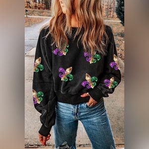 Mardi Gras Cutout Sequin Round Neck Sweatshirt